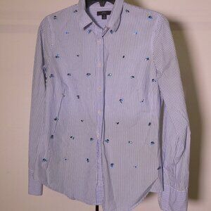 J. Crew Cotton Button Down – White/Blue with Gemstones, Size 4